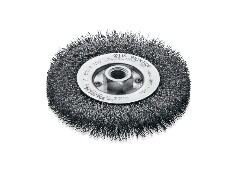 Щетка цилиндрическая со стальной нержавеющей гофрированной проволокой диаметр 125 мм длина 19,5 мм ворс 0,30 мм с резьбой