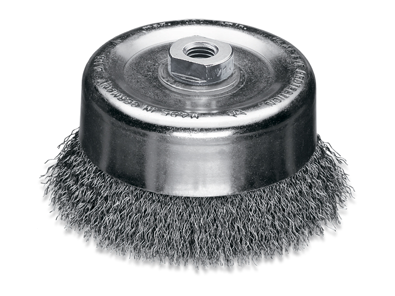 Чашечная щетка со стальной высокопрочной гофрированной проволокой диаметр 125 мм длина 30 мм ворс 0,35 мм