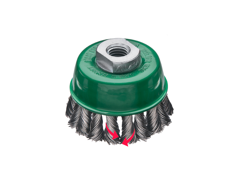 Однорядная чашечная жгутовая щетка без кольца, проволока из нержавеющей стали диаметр 65 мм длина 20 мм ворс 0,50 мм влево/вправо